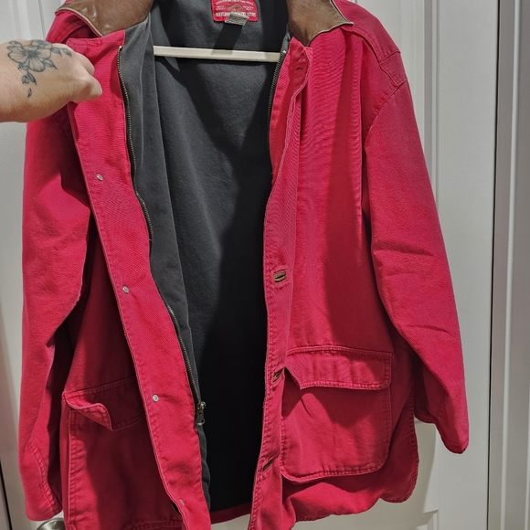 Vtg Marlboro Country Store Red Canvas Barn Jacket with Brown Leather Collar Xlg - Picture 11 of 16
